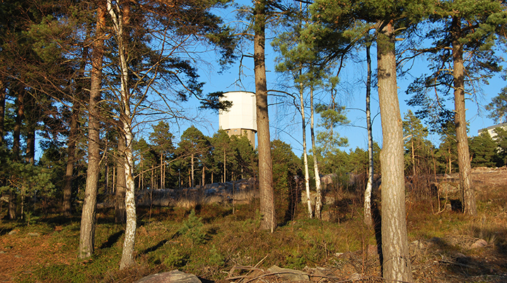 Vattentornet med skog i förgrunden.