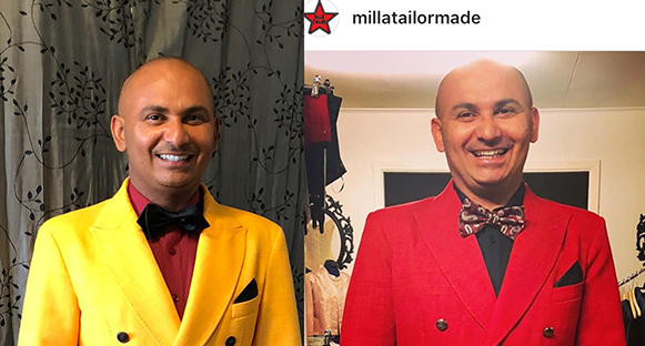 Manoel "Junior" Marques i sin fina gula kostym bredvid bild av honom i från förra årets kostym som är röd.