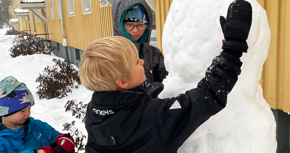 När den första kramsnön kom i början av januari passade Albin, Aron och Algot att göra årets första snögubbe.